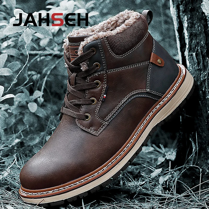 

Winter Leather Men's Boots Thick Fur Warm Ankle Boots Working Men Footwear Waterproof Snow Boots High Quality Working Shoes