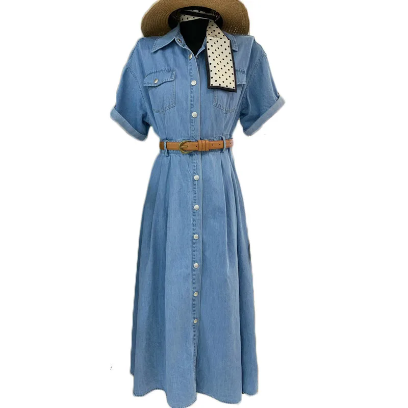 

Blue Denim Dress Women Plus Size Loose Summer Short-sleeve Single-breasted Denim Dress Female Casual Wild Belt Dress NS2629