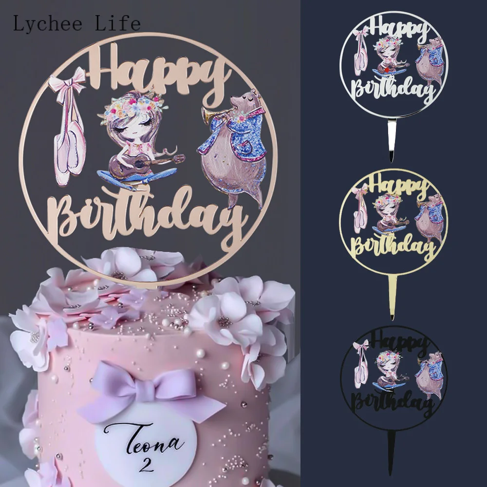 

Lychee Life Happy Birthday Cupcake Toppers Acrylic Round Birthday Party Cake Insert Cake Decoration Wedding Cakes Dessert Decor
