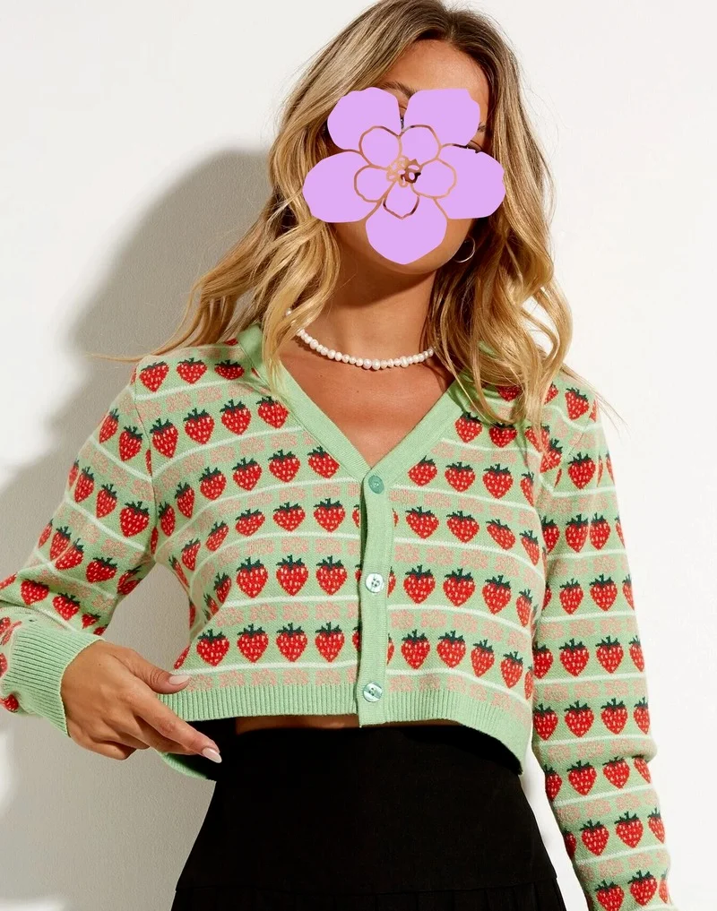 

Women V-Neck Long Sleeve Short Knitted Cardigan Strawberry Jacquard Knitted Sweater Autumn Winter Warm Single Breasted Sweaters