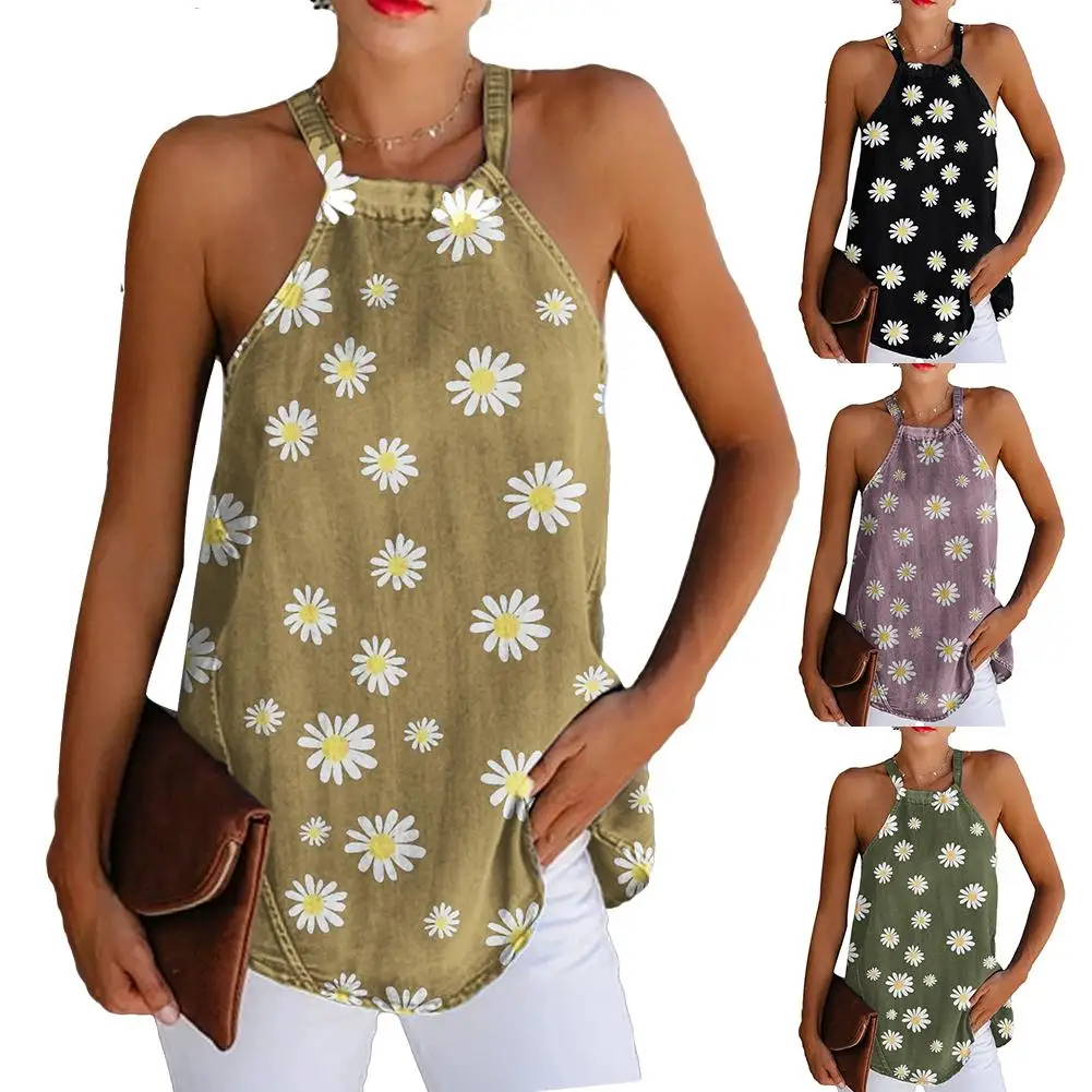 

Женская Повседневная майка без рукавов с принтом Marguerite, Свободный Топ из хлопка и льна, женская майка