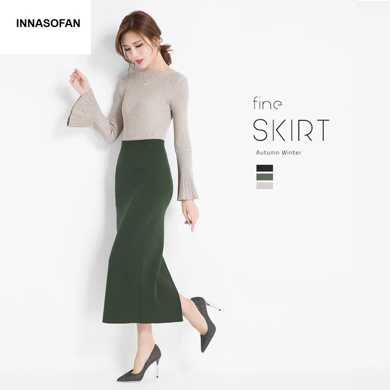 INNASOFAN knitted skirt Women's Autumn-winter sexy high waist skirt Fashionable high-end chic long solid skirt