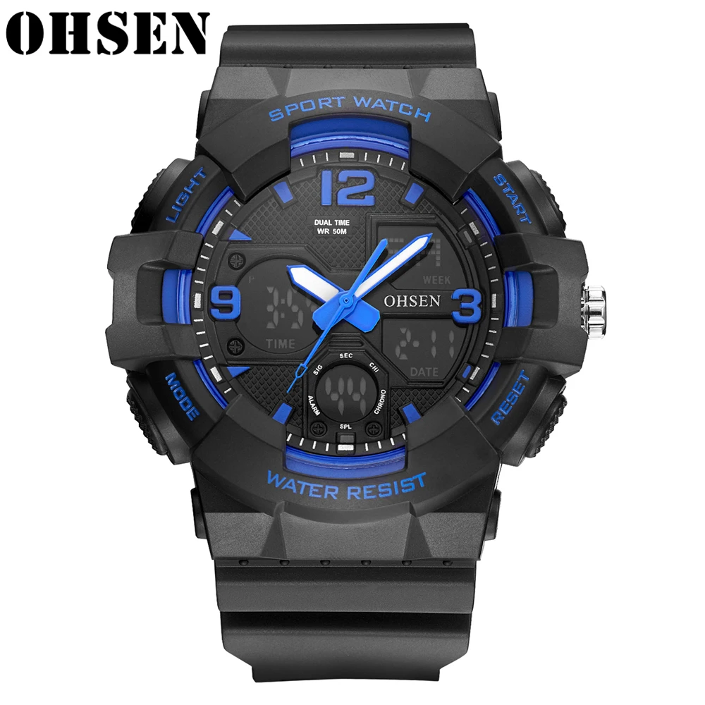 

Часы наручные OHSEN Мужские кварцевые, роскошные брендовые водонепроницаемые спортивные цифровые в стиле милитари, с двойным временем