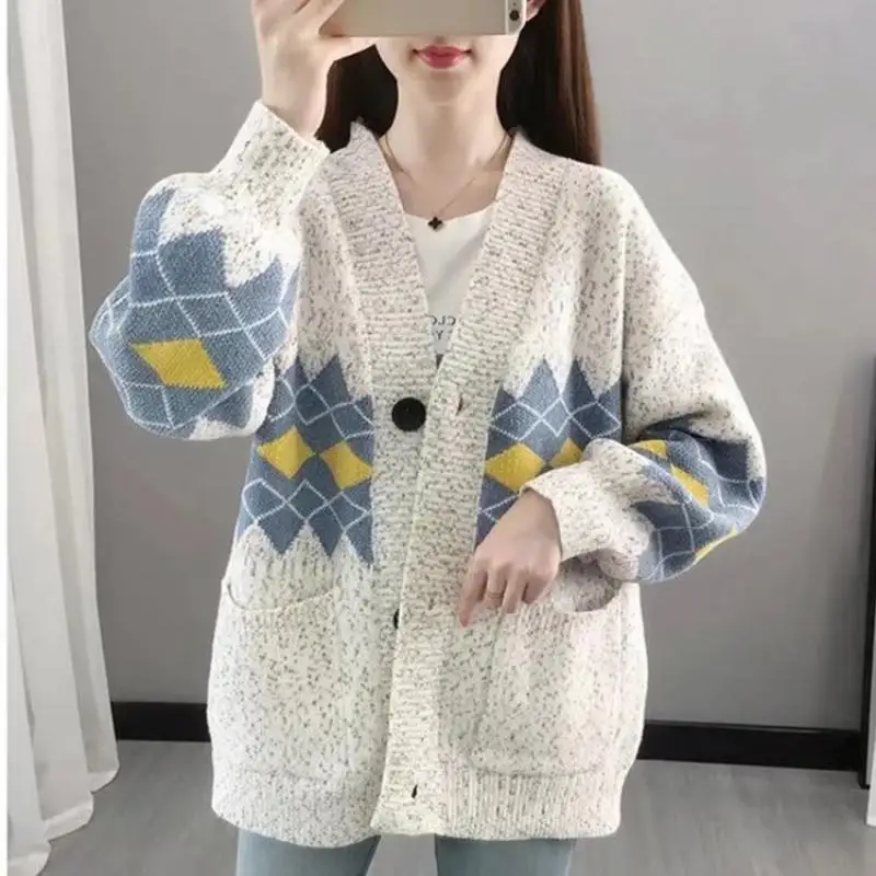 

Женский однобортный свитер с V-образным вырезом, Свободный Повседневный вязаный женский кардиган, зимний топ с подкладкой и длинным рукавом...