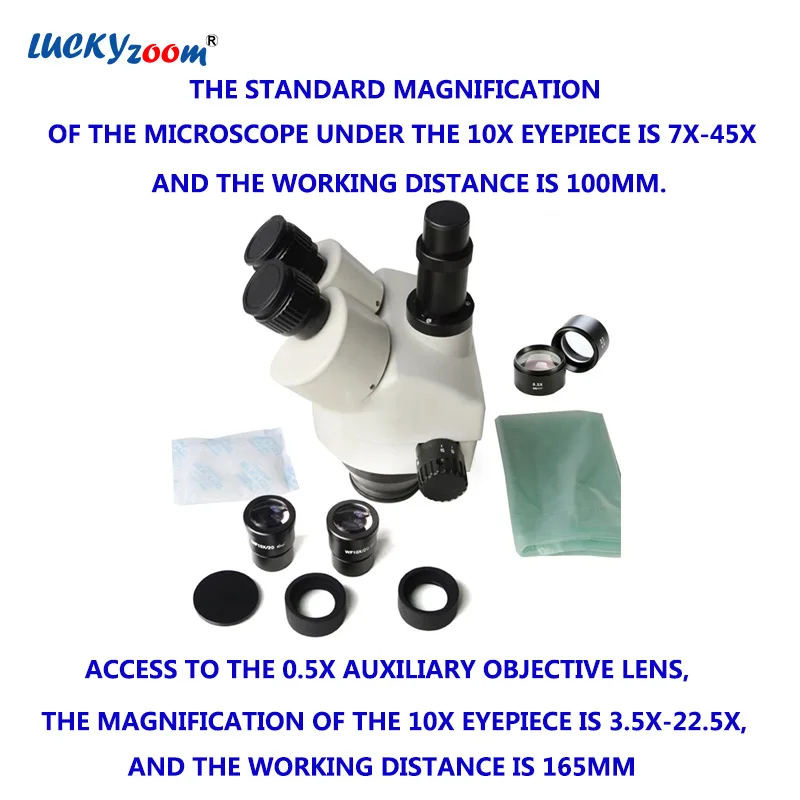 Lucky Zoom Brand 3.5X-45X Simul-Focal Trinocular Zoom Stereo Microscope Head WF10X/20 SZM0.5X WD165mm Microscope Accessories