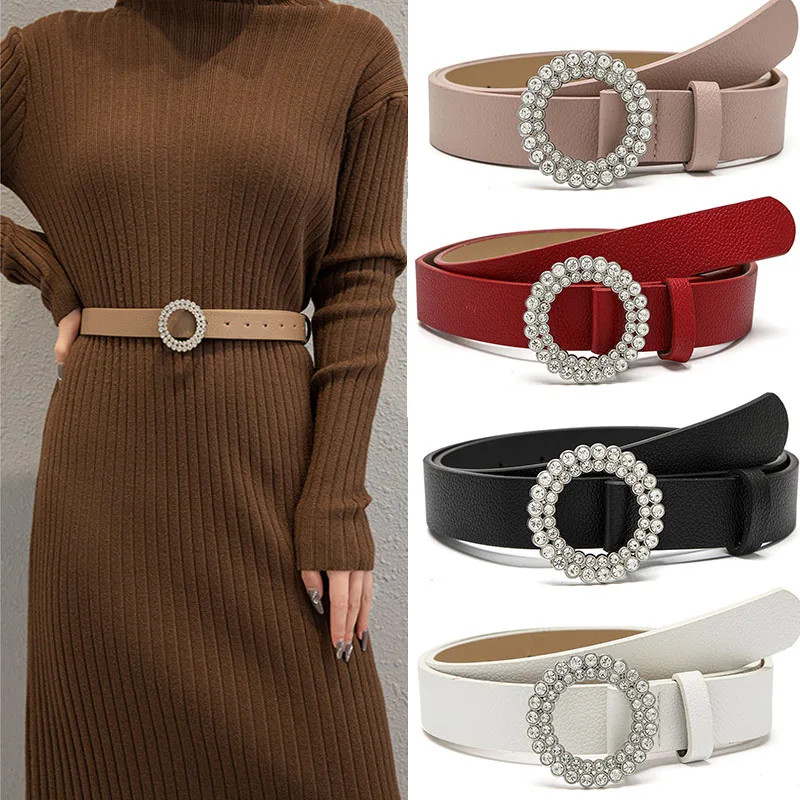 

Rhinestone Round Buckle Belt For Women High Quality Waist Strap Luxury Brand Designer Female Ladies Waistband Waist Accessories