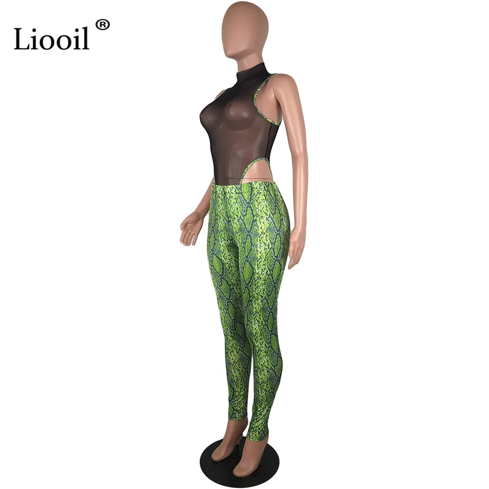 Liooil/комплект из 2 предметов; облегающий комплект для женщин; Клубная одежда; сетчатые прозрачные чарующие Боди и длинные штаны со змеиным принтом; вечерние комплекты
