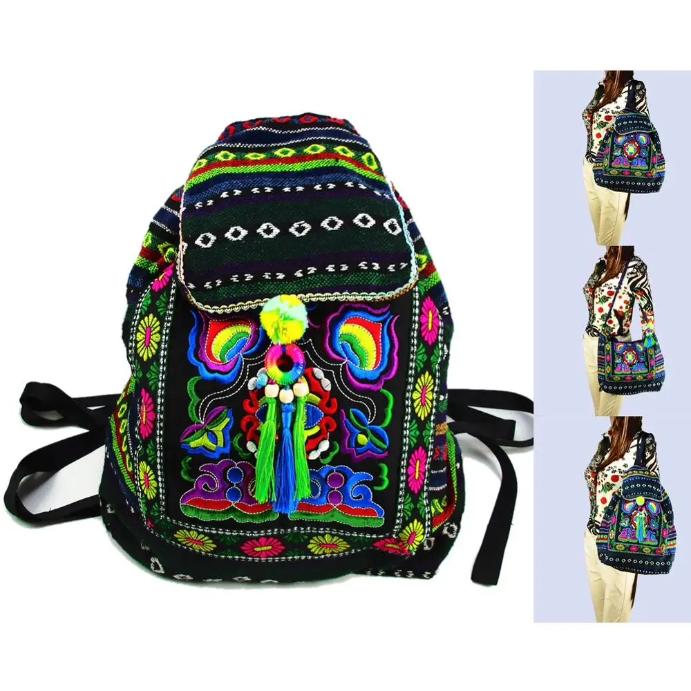 

Tribal Vintage Hippie Colorful Travel Backpack Bag For Women Embroidery Pom Charm Hmong Ethnic Bohemian Boho Rucksack SYS-567