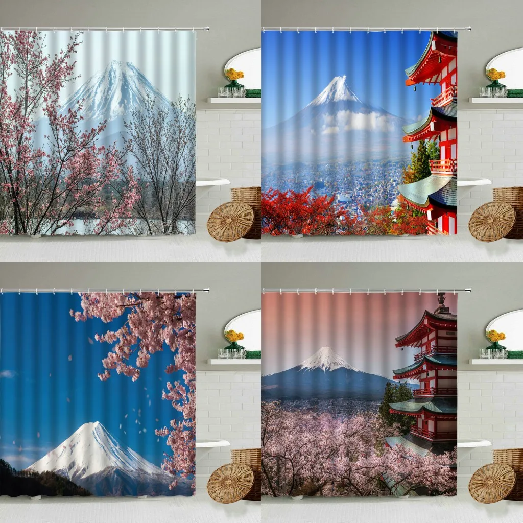 

Japan Mount Fuji Scenery Shower Curtain Romantic Cherry Blossoms Tree Tower Natural Landscape Bathroom Decor Waterproof Screen