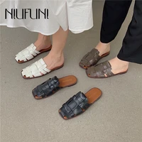 niufuni summer leisure retro hollow woven womens slippers square toes flat sandals muller half baotou womens shoes simplicity