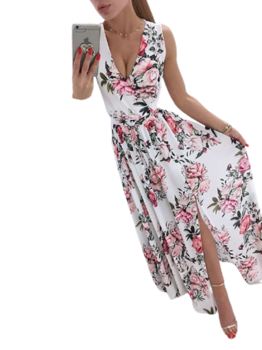 

2021 Summer New Arrival Deep V-Neck Splice Print Sleeve Bohemian Dresses Female Strapless Split Irregular Cotton Maxi Dress Lady