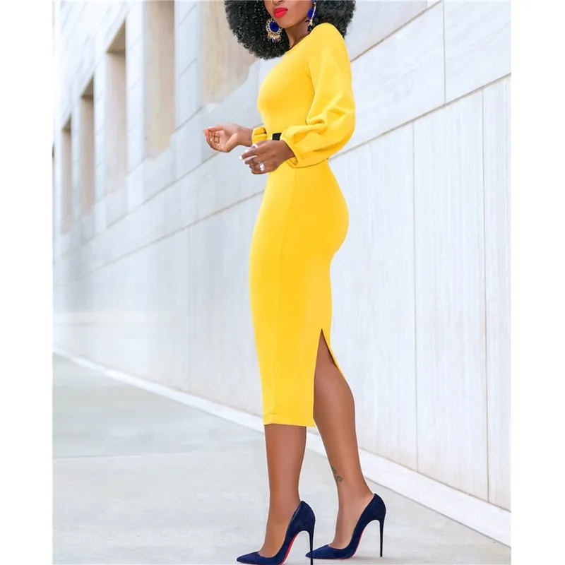 Женское облегающее платье с круглым вырезом и длинным рукавом офисное