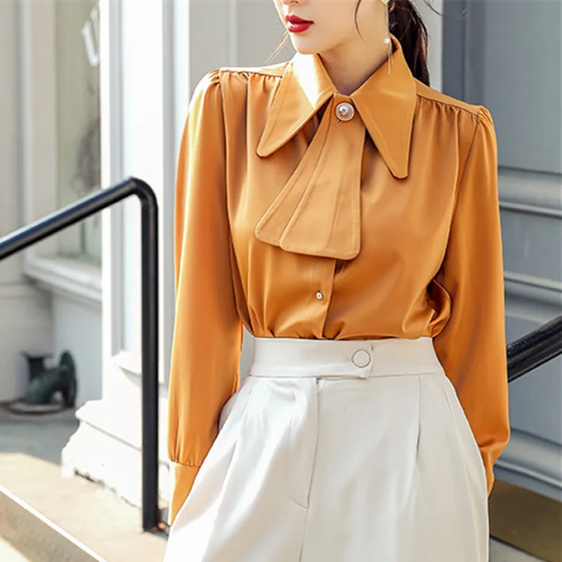 Новинка 2020 Весенняя винтажная женская блузка однобортная с отворотом