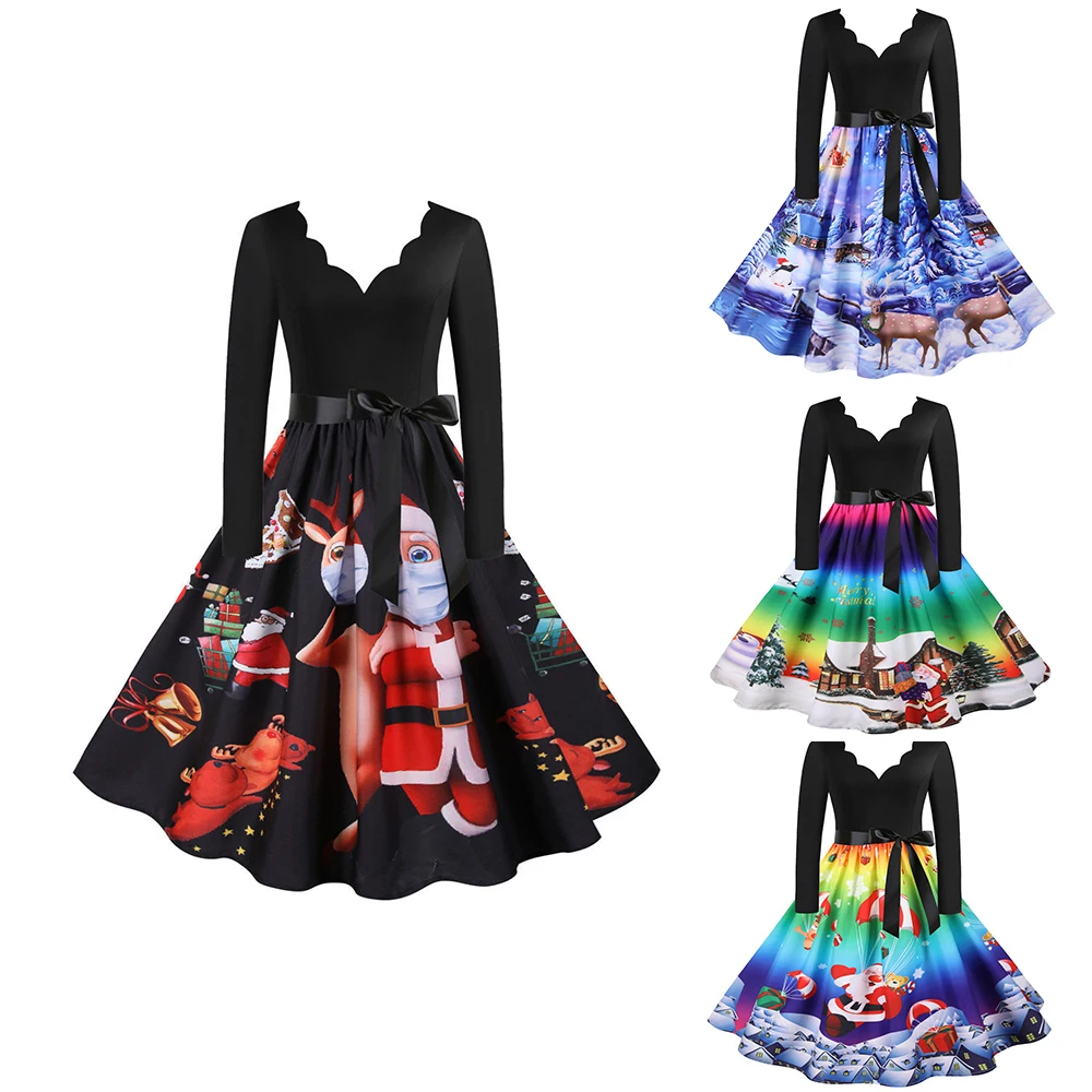 

2021 New Robe Christmas Costume Party Dress Long Sleeve Deep V-Neck Vintage Nightmare Before Christmas Women Winter Dress