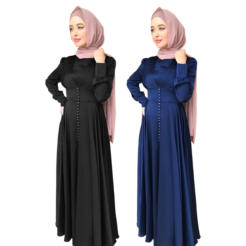 Платье Y166 женское атласное с длинным рукавом, длинное Плиссированное вечернее платье-макси с завышенной талией, на пуговицах, в исламском с...