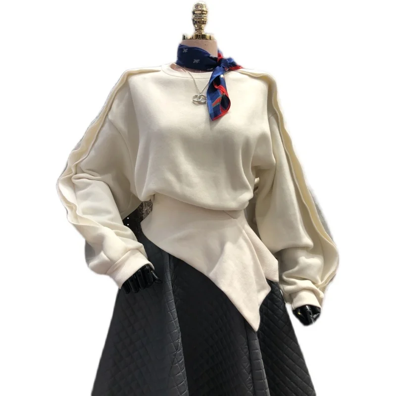 

South Korea 2021 autumn new fashion round neck lazy style irregular waist zipper sweater women's top personality street wear