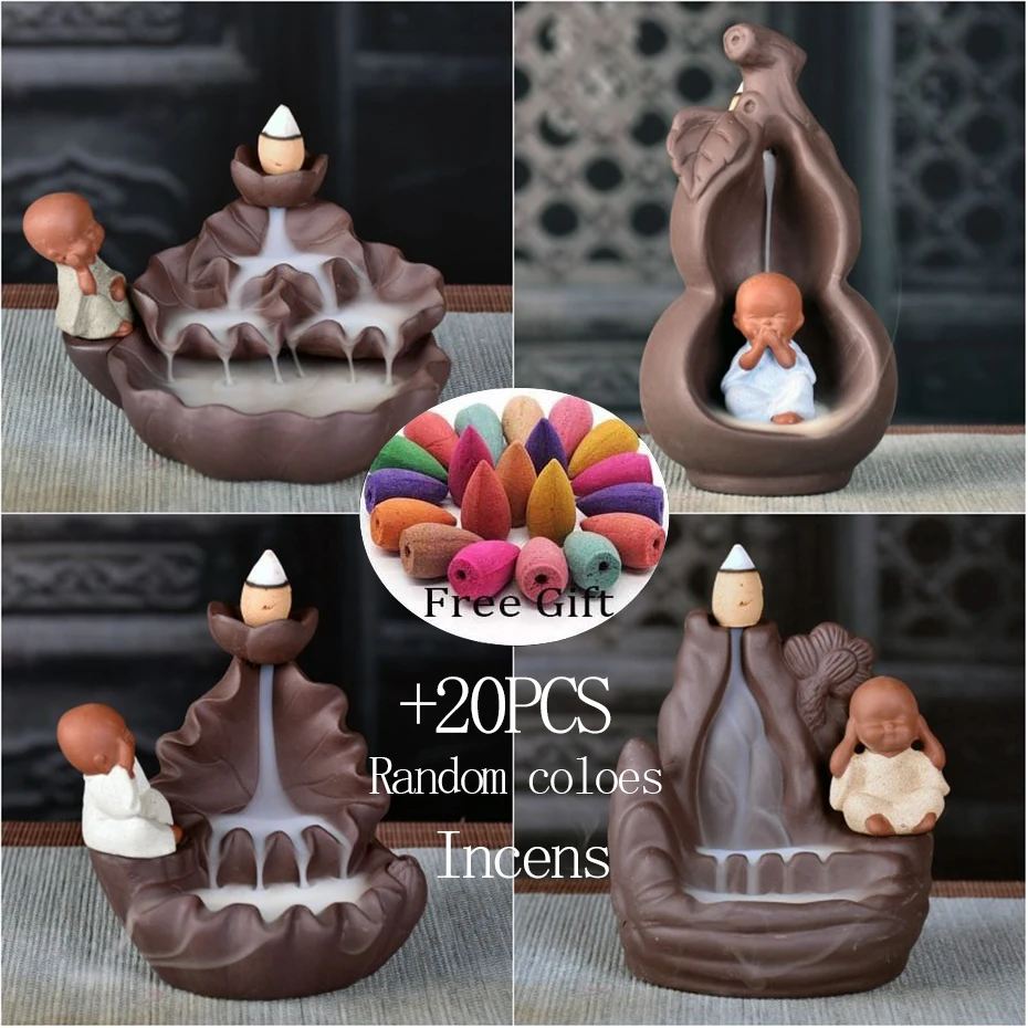 

+20pcs incense cone Incensory Buddha Statue Incense Cones Ceramic Censer Holder Burner Backflow Incense Burner Smoke Home Deco