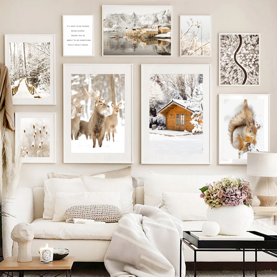 

Deer Squirrel Pine Forest Snow Mountain Wall Art Canvas Painting Nordic Posters And Prints Wall Pictures For Living Room Decor