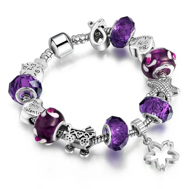 Purple 90%-ная скидка! DIY стиль цветок Шарм браслет для женщин стеклянные бусины из хрусталя мяч бренд браслет ювелирные изделия для женщин - Окраска металла: Purple