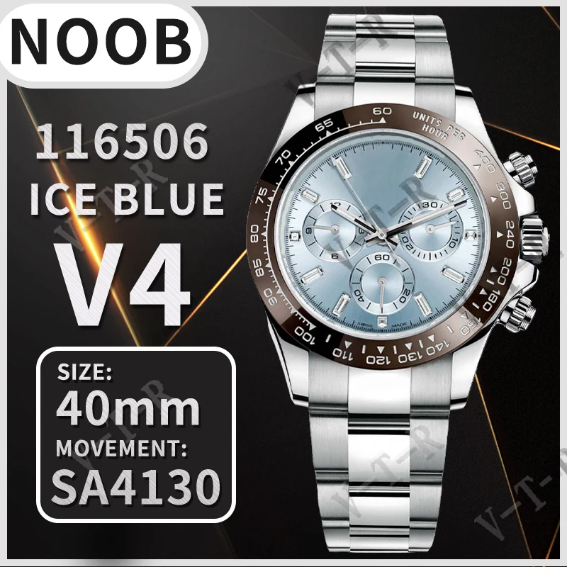 

Men's Mechanical Watch 40MM Daytona 116506 Brown Ceramic Bezel Noob 1:1 Best Edition 904L SS Bracelet Ice Blue Dial SA4130 V4