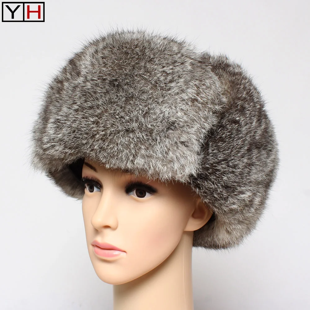 Зимняя шапка бомбер унисекс из натурального кроличьего меха зимние теплые шапки
