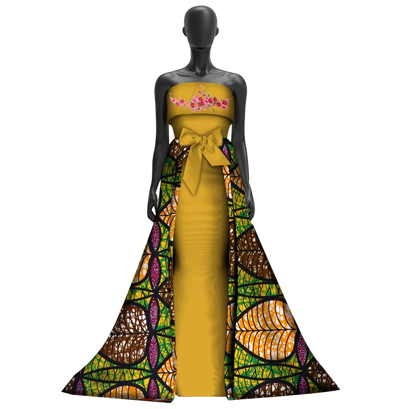 Women Applique Long Trailing Dresses Bazin Riche African Bowknot Print Off Shoulder Dresses for Women African Clothing WY3019