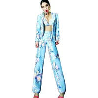Long Sleeve Fashion Floral Print Women Bra Casual Pant Suits 3 Pieces Set Business Interview Outfit Model Show Catwalk Costumes