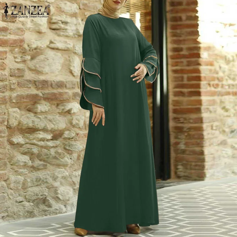 

Vintage Muslim Dress Women's Solid Sundress ZANZEA Flare Sleeve Maxi Vestidos Female Marocain Turkish Robe Femme Oversized