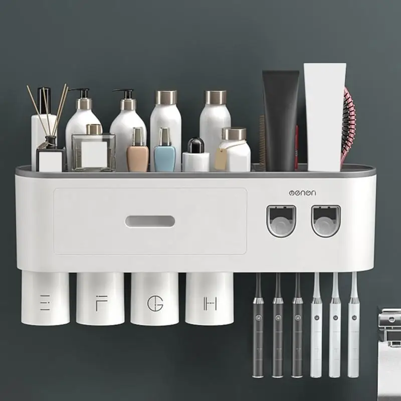 

Magnetic Adsorption Inverted Toothbrush Holder Double Automatic Toothpaste Squeezer Dispenser Storage Rack Bathroom Accessories