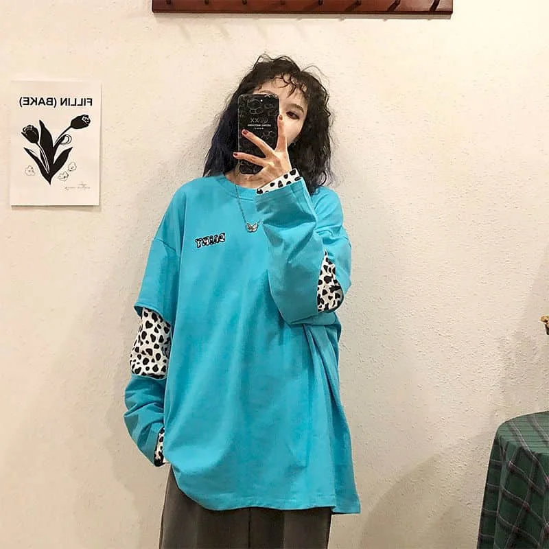 

Long-sleeved T-shirt Female Autumn Clothes Korean Japanese Anime Print Loose Round Neck Student Goth Clothes Shirts For Women