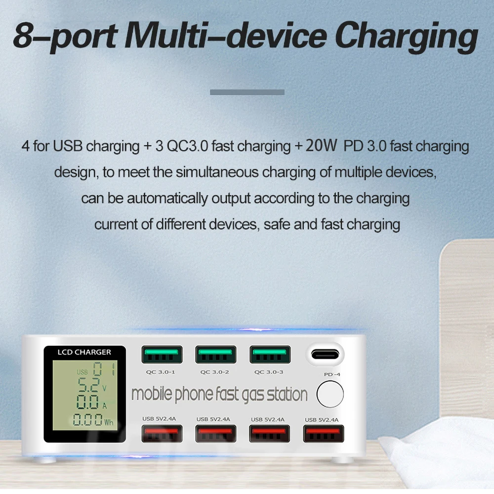 100w 8 ports lcd display usb quick charge qc3 0 charger adapter hub type c pd fast phone charger for iphone13 12 11huawei xiaomi free global shipping