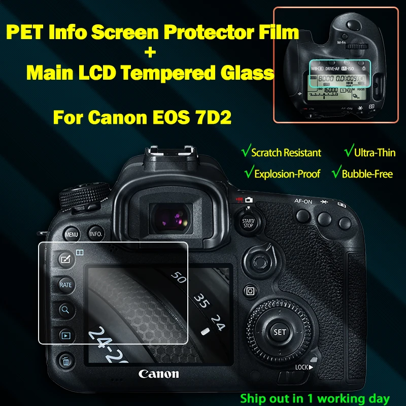

Self-adhesive 7D2 Tempered Glass Main LCD + Top Info Shoulder Screen Protector Cover Guard for Canon EOS 7D Mark II Camera