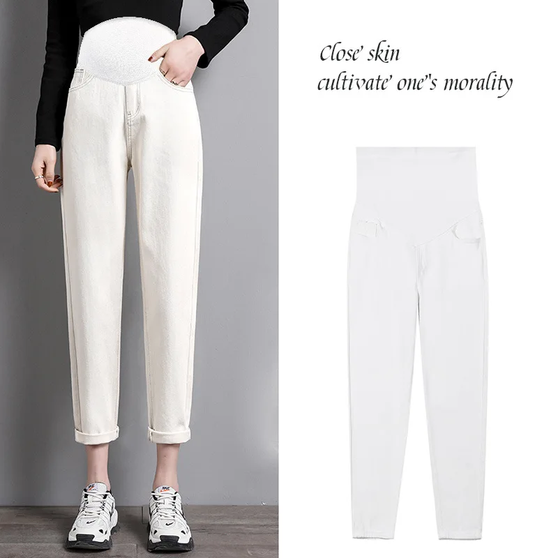 цена White Wide Leg Loose Straight Denim Maternity Jeans Spring Autumn Belly Pants Clothes for Pregnant Women Pregnancy Work Trousers