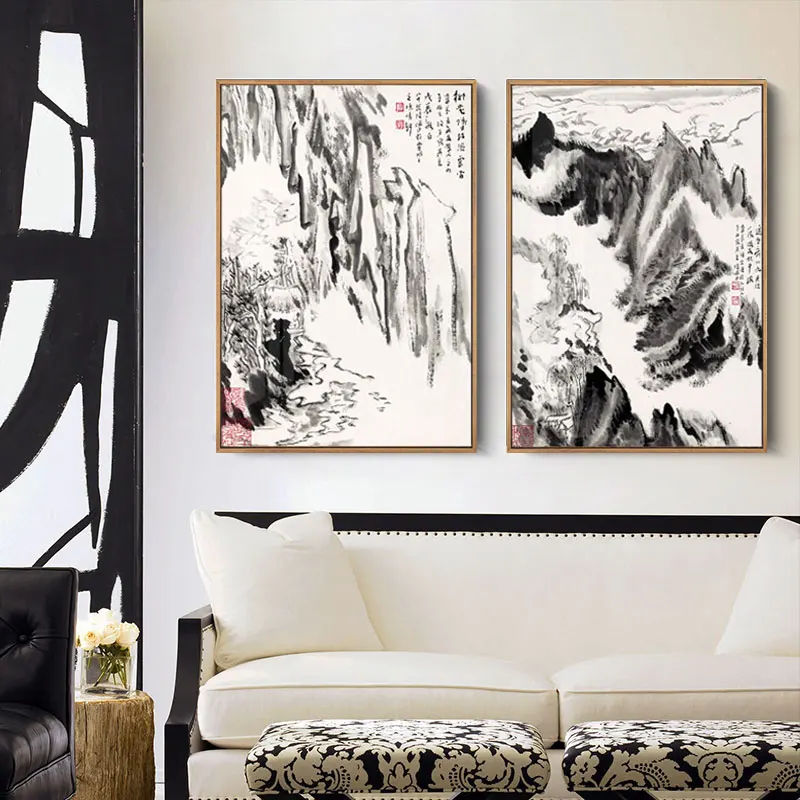 

Ancient Chinese Style Landscape Mountain Office Decorative Poster Wall Art Canvas Painting Picture Print Living Room Home Decor2