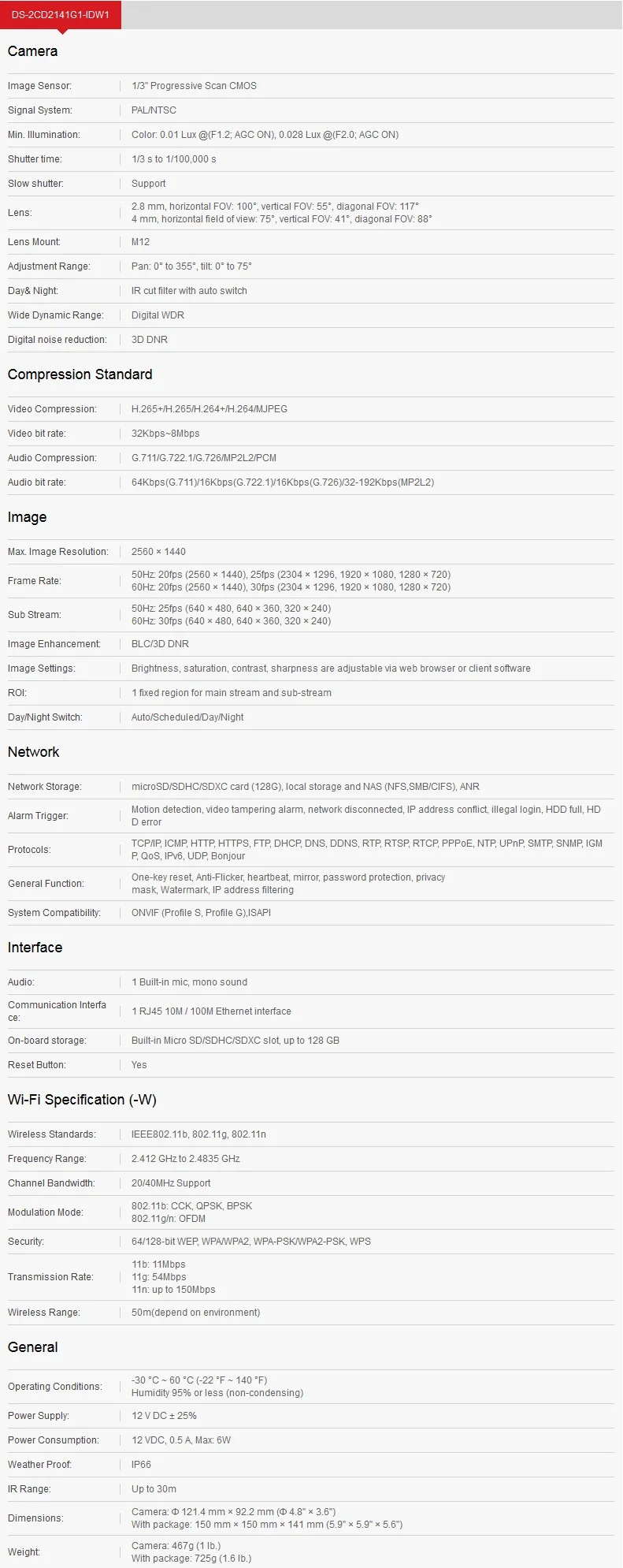 Hikvision DS-2CD2141G1-IDW1 4 МП купольная wifi ip-камера Беспроводная с sd-слотом для карт H.265+ IR 30 м Водонепроницаемая CCTV камера сетевой безопасности