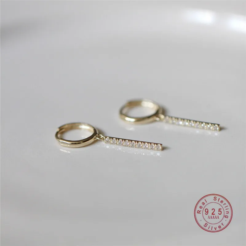 HI MAN 925 Sterling Silver Plated 14K Gold European Pavé Crystal Bar Tassel Stud Earrings Women Creative Charm jewelry