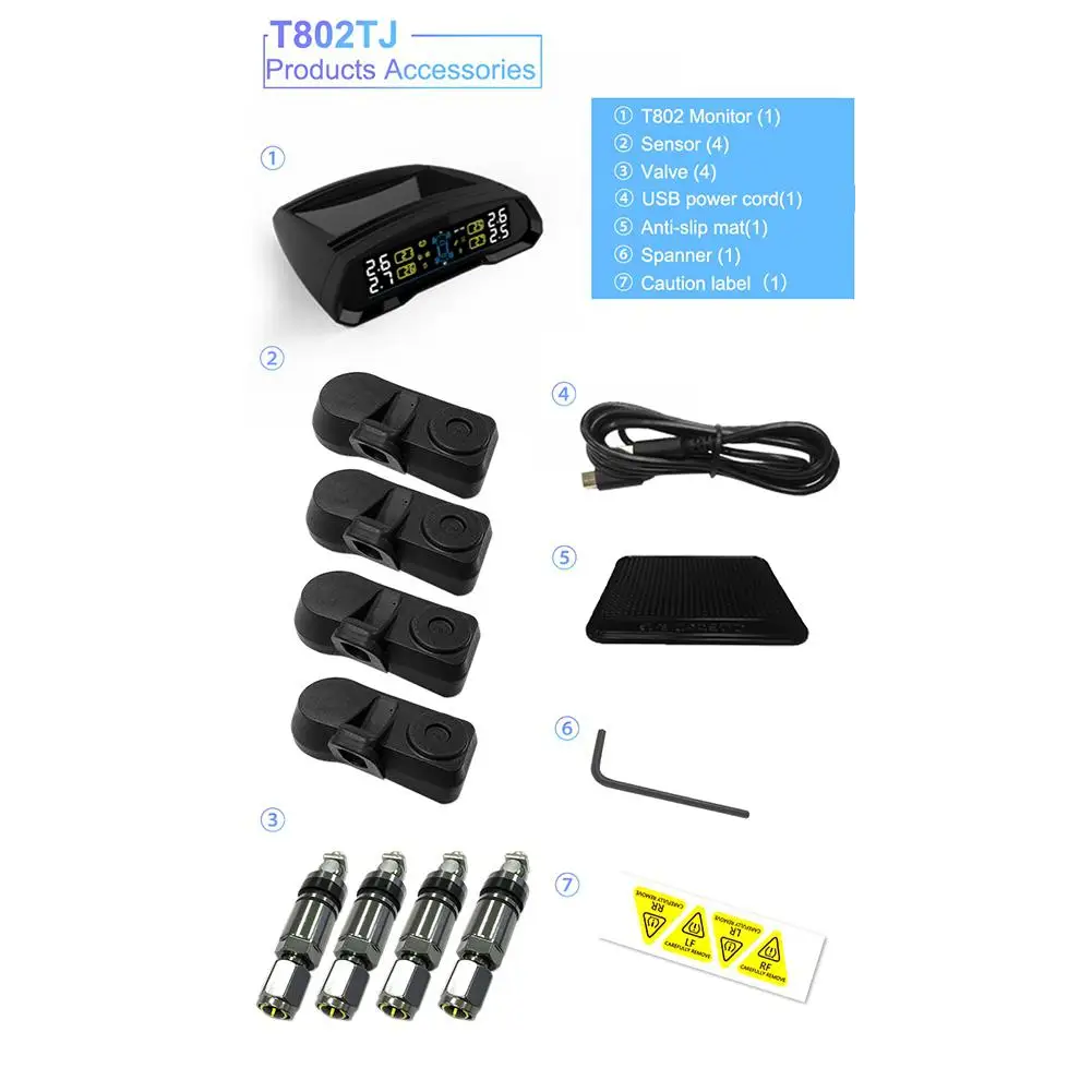 T802 Wireless TPMS Tire Pressure Sensor Built-in Instrument Monitoring System USB Solar Power Car Tyre Monitor | Автомобили и