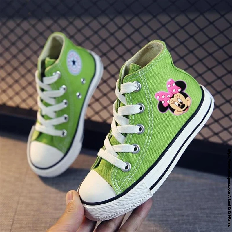 Высокие Детские холщовые туфли с Микки и Минни детские кроссовки обувь для