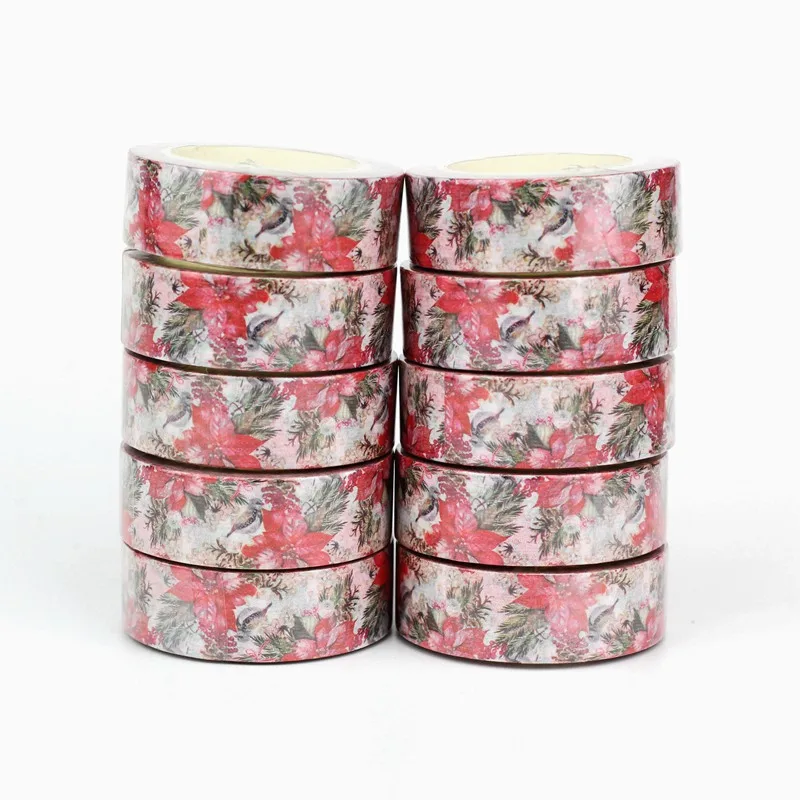 

NEW 10pcs/Lot Decorative Floral Birds Poinsettia and Snowberry Washi Tapes Scrapbooking Adhesive Masking Tape Cute Stationery