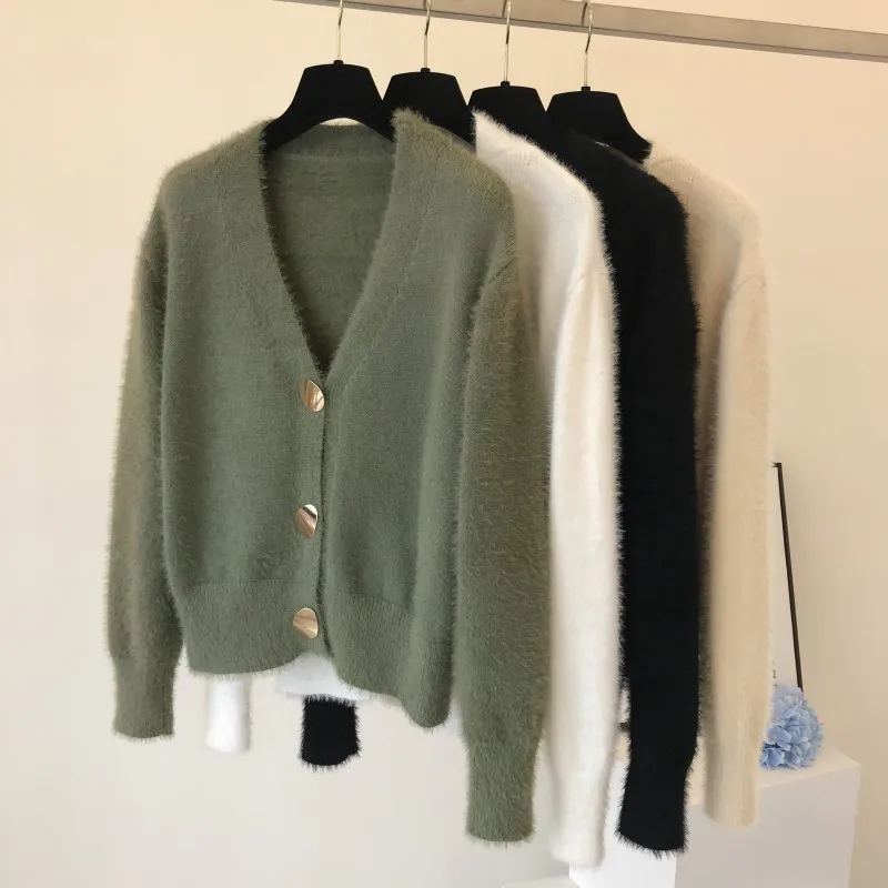 

Women Short Wool Cardigan Cashmere Crop Sweater Solid Tops Winter Ladies V neck Jacket Female Loose Casual Thick Clothes korean
