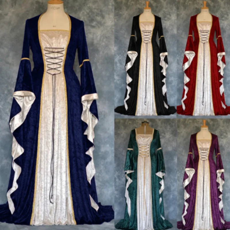 

2021 Europe and America style canary strap horn sleeve retro medieval long floor-length dress Dress Halloween Cosplay