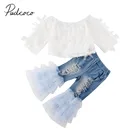 Детская летняя одежда 2020, одежда для маленьких детей, одежда для девочек, сетчатые кружевные топы, рубашка + джинсовые брюки с оборками и дырками, комплект одежды из 2 предметов
