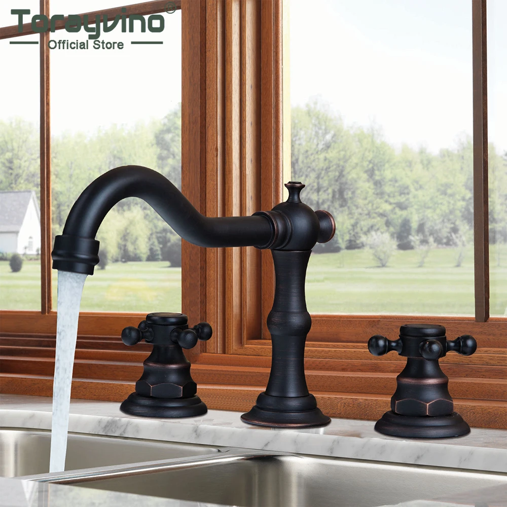 

Torayvino Bathroom Faucet Swivel Spout Oil Rubbed Bronze 3 Pieces Double Handles Bathtub Basin Sink Brass Faucet Mixer Tap