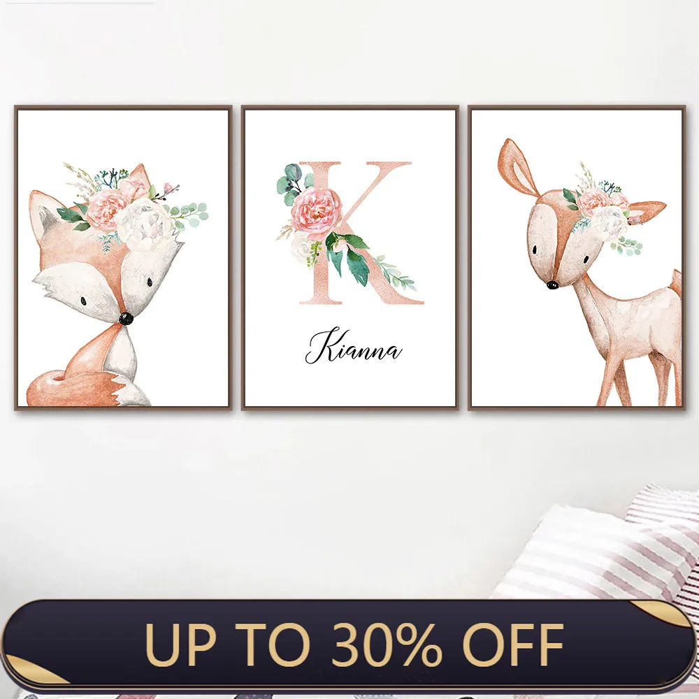 

Woodland Animal Canvas Print Girl's Custom Name Painting Fox Deer Nursery Wall Art Poster Nordic Pictures Baby Kids Room Decor