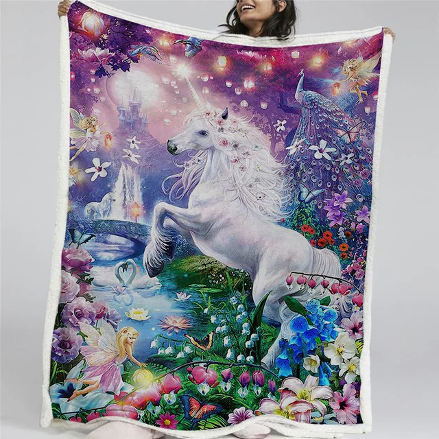 Blessliving Unicorn Fairy Sherpa Blanket Wonderland Girls Throw Blanket Elf Castle Kid Bedspread Animal Floral Dreamy Thin Quilt 1