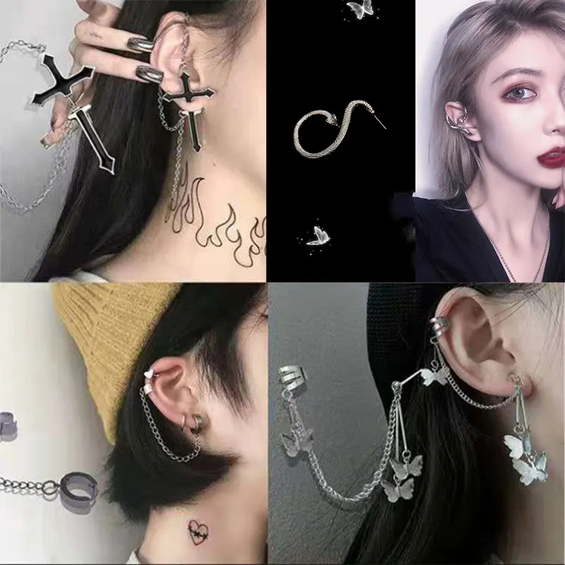 

Cool Cross Stud Earrings for Women Fashion Korean Butterfly Snack Dangel Earrings Skeleton Assymetrical Earrings Hoop Jewelry