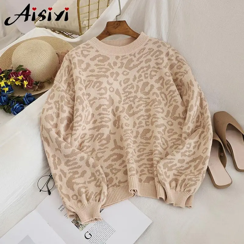 Knitwear Leopard Sweater Female Autumn Plus Size Batwing Sleeve Oversize Loose Thick Warm Women Winter Knitting Pullover | Женская
