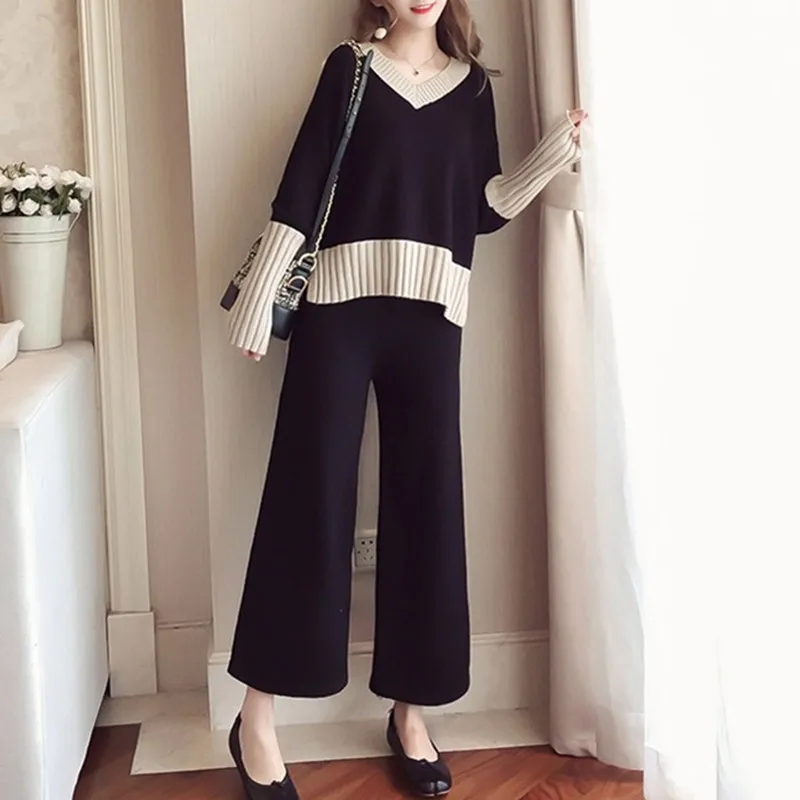 

Женский трикотажный костюм из двух предметов, пуловер с V-образным вырезом и длинным рукавом и брюки с широкими штанинами в Корейском стиле на осень