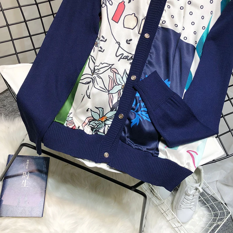 ALPHALMODA Европейский с v-образным вырезом атласный свитер с принтом пэчворк вязаный искусственный однобортный пуловер осенний модный топ с длинными рукавами
