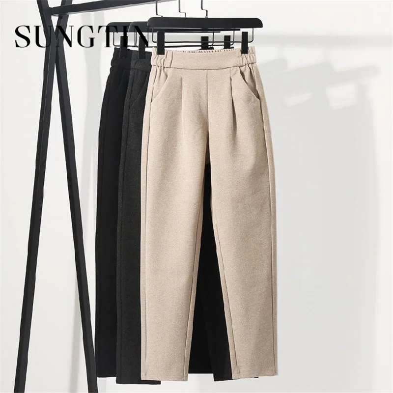 

Casual Harem Pants Women's Woolen Pants Fall Winter New Style High Waist Thin Carrot Pants Loose Large Size 200 Catties Fat MM